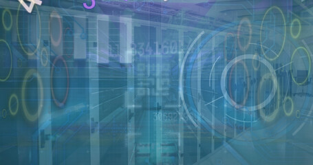 Image of numbers, data processing and sever room