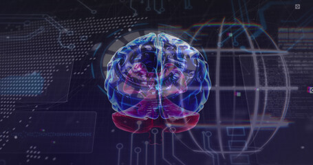 Image of brain, data processing and globe in navy space