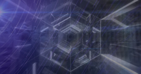 This image shows a digital tunnel with light trails running through it, symbolizing global data proc