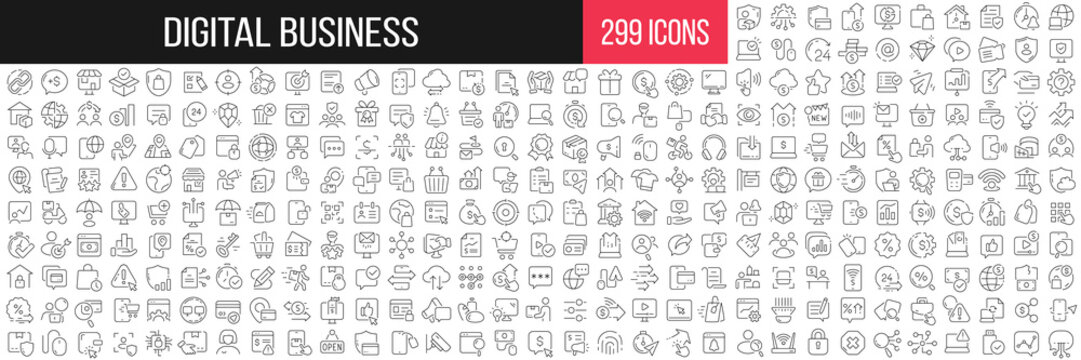 Digital business linear icons collection. Big set of 299 thin line icons in black. Vector illustration