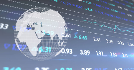 Image of stock exchange financial data processing over globe spinning