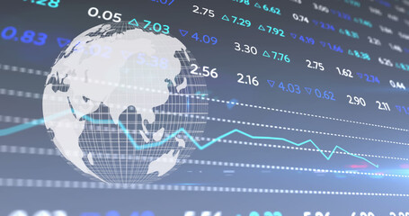 Fototapeta premium Image of stock exchange financial data processing over globe spinning