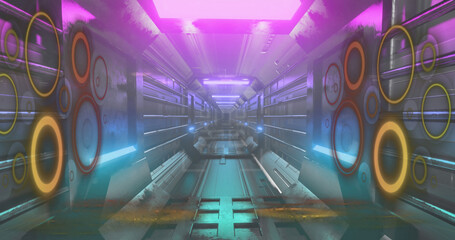 QR code scanner with neon elements against glowing tunnel