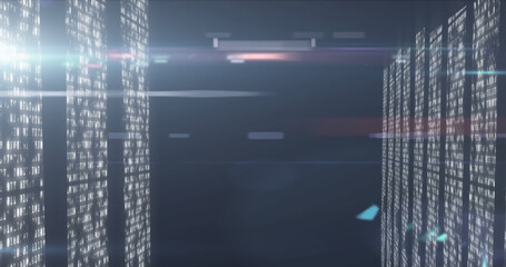 QR code scanner with neon elements against screens of data processing