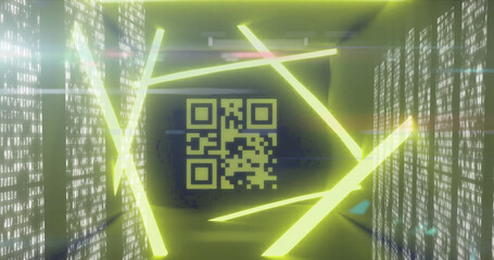 QR code scanner with neon elements against screens of data processing
