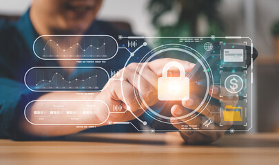 Businessman touch a virtual screen to unlock and access information and document, Protection...