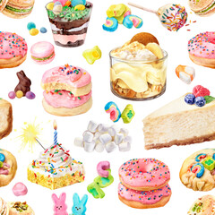 Watercolor seamless pattern with sweet candy desserts isolated background. Illustration for textures, wallpapers, fabrics, postcards.