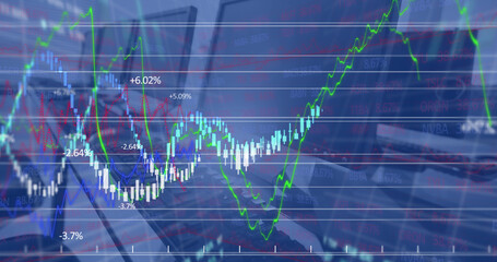 Image of financial data processing against close up of desks at office