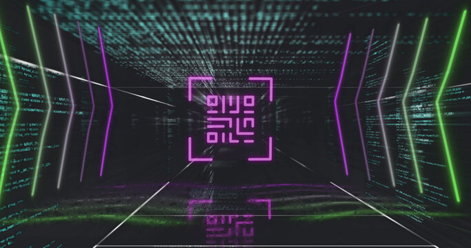 QR code scanner with neon elements against data processing