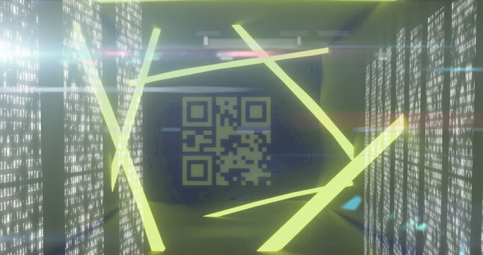 QR code scanner with neon elements against screens of data processing