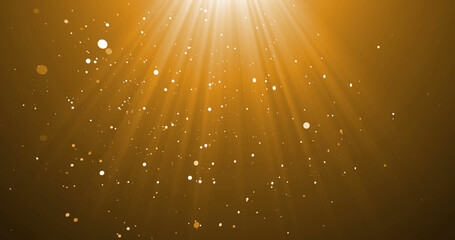 Image of falling confetti and light rays over yellow background
