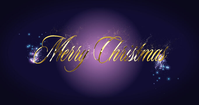 Image of falling confetti and merry christmas text over purple background