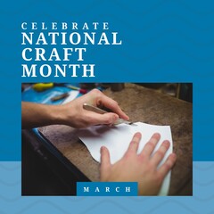 Composition of national craft month text and woman's hands cutting leather