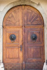 Old vintage wooden brown door close-up