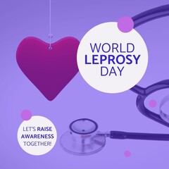 Composition of world leprosy day text with heart, stethoscope and purple background