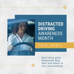 Composition of distracted driving awareness month text over caucasian woman using smartphone in car