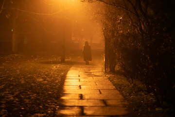 woman silhouette in night foggy city