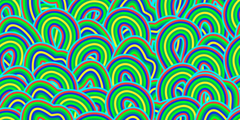 Abstract green purple trippy psychedelic seamless pattern in 70s hippie style. Colorful vector retro weird background. Crazy psychodelic illustration. Hallucination wallpaper. Vintage party graphic
