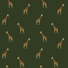 Seamless pattern with giraffes on green background. Illustration with african animals for kids design, textile, paper, books, nursing, greeting.
