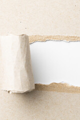Ripped up piece of beige paper with copy space on white background