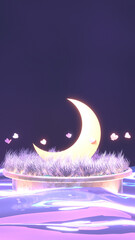 3d rendered glowing crescent moon, butterflies, grass, and ocean at night.