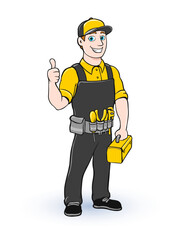 Cartoon illustration of electrician smiling character mascot with toolbox and thumb up on white. Vector - 552312907