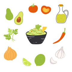 Ingredients for guacamole in cartoon flat style. Hand drawn vector illustration of mexican traditional food with set of vegetables and fruits