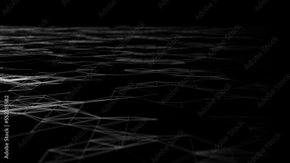 Poster wave of digital particles on a black background. abstract interlacing lines and points. digital conn
