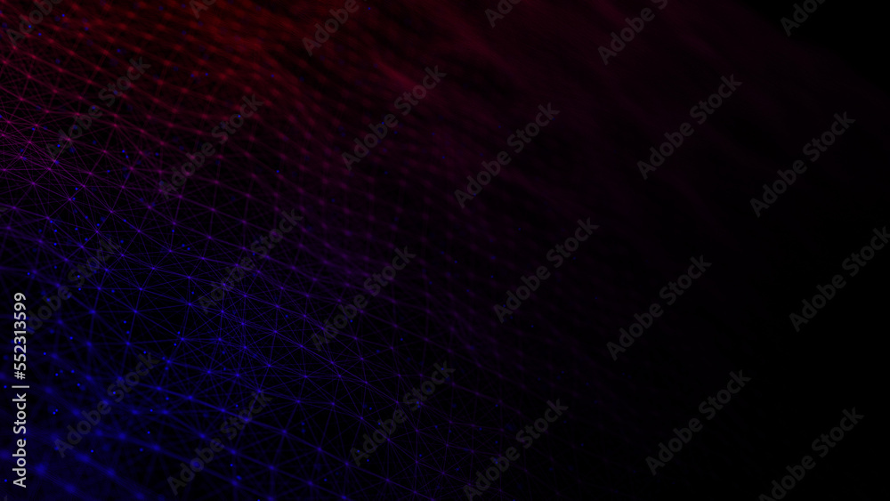 Poster wave of digital particles on a black background. abstract interlacing lines and points. digital conn