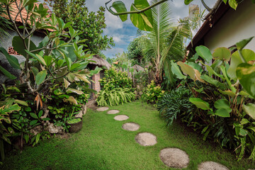 Landscape with tropical plants and path, natural landscaping panorama in garden. Beautiful view of...