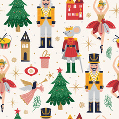 Merry Christmas, New Year seamless pattern set with Ballerina, Mouse King and Nutcracker. Christmas card with three and toys