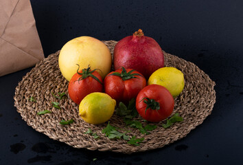 healthy food background. Healthy vegan vegetarian food vegetables and fruits on black, copy space, banner. Shopping food supermarket and clean vegan eating concept.
