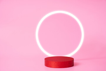 Mock up red glitter podium stage or pedestal with light ring. Decorations for your products