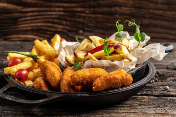 Baked potato wedges with herbs, homemade organic vegetable vegan vegetarian potato wedges snack, banner, menu, recipe, place for text