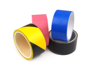 Set of different colorful adhesive tapes isolated on white background.