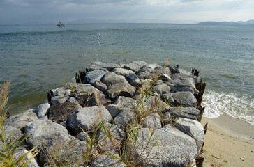 北小松漁港　湖畔の石組み　滋賀県大津市北小松