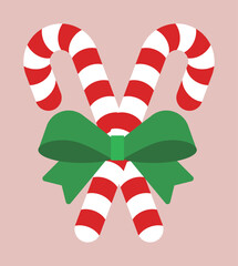 Candy cane illustration for December winter Christmas concept. It has a striped cane shape and a ribbon.