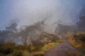 Digital painting of woodland winter mist and fog at The Roaches, Staffordshire.