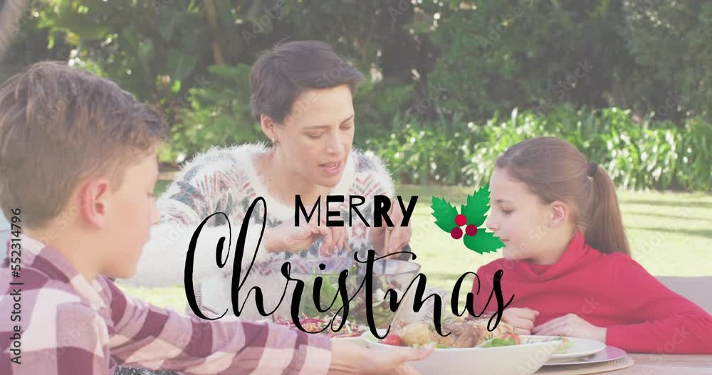 Sticker Animation of christmas greetings text over caucasian family at christmas table