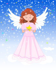 Cute angel with a star in his hands. Little angel girl on winter background with snowflakes. The girl is wearing a pink dress. She holds a star in her hand