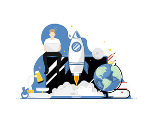 Online education concept, Human typing laptop with rocket flying, Digital marketing illustration.