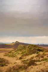 Fototapeta na wymiar Digital painting of bleak winter panoramic view of Baldstone, and Gib Torr in the Peak District National Park.