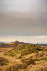 Digital painting of bleak winter panoramic view of Baldstone, and Gib Torr in the Peak District National Park.