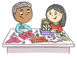 A boy and a girl wrapping Christmas gift boxes in a different craft paper. New year. Friends. Winter. Family spending time together. Hand drawn cartoon illustration isolated on a white background.