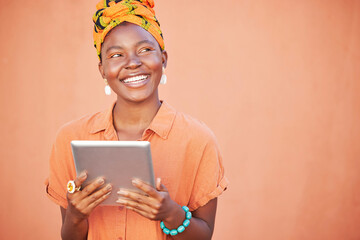 Black woman thinking, head scarf and tablet for connection, idea and search internet on studio...