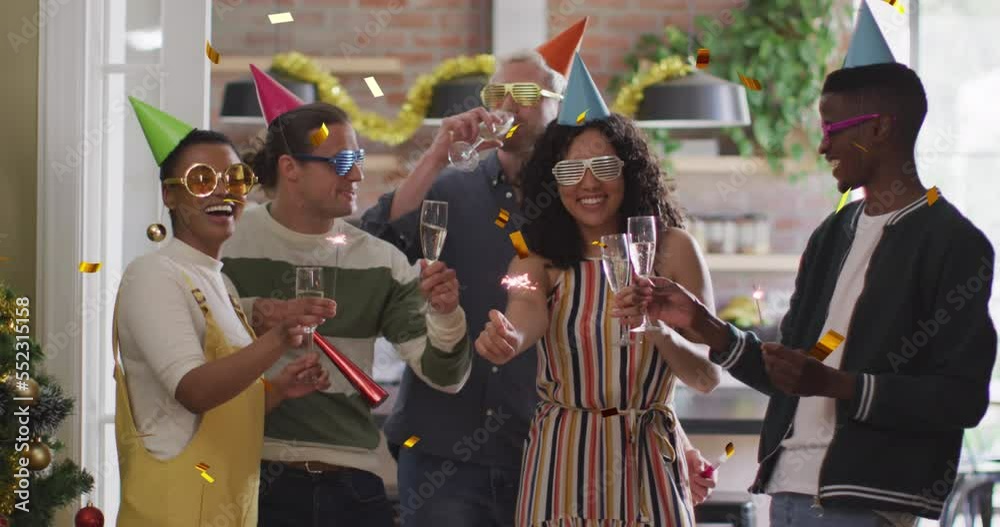 Canvas Prints Animation of confetti over diverse friends smiling at party