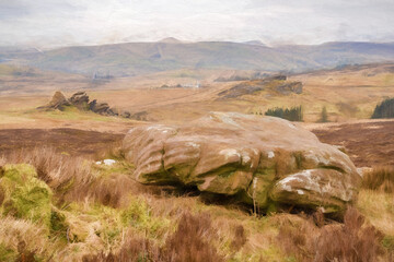 Digital painting of bleak winter panoramic view of Baldstone, and Gib Torr in the Peak District National Park.
