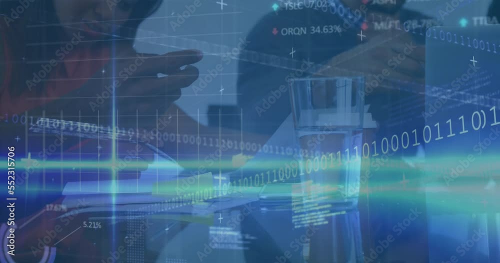 Poster animation of binary coding and financial data processing over business people in office