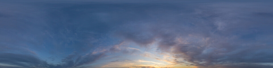 Dark blue sunset sky panorama with pink Cumulus clouds. Seamless hdr 360 pano in spherical equirectangular format. Full zenith for 3D visualization, game, sky replacement for aerial drone panoramas
