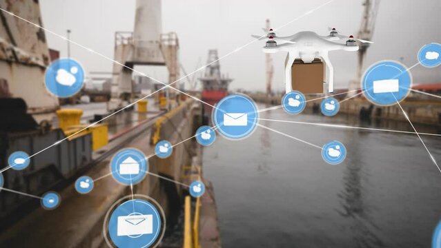 Animation of drone with cardboard box and network of connections with icons over port